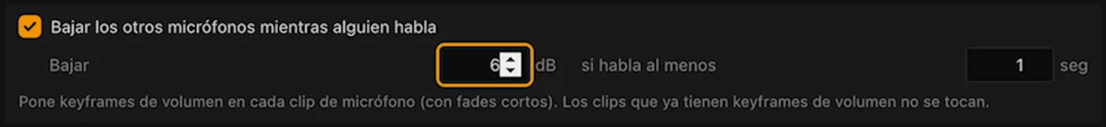 Ajuste de audio ducking en el panel de Chismozo